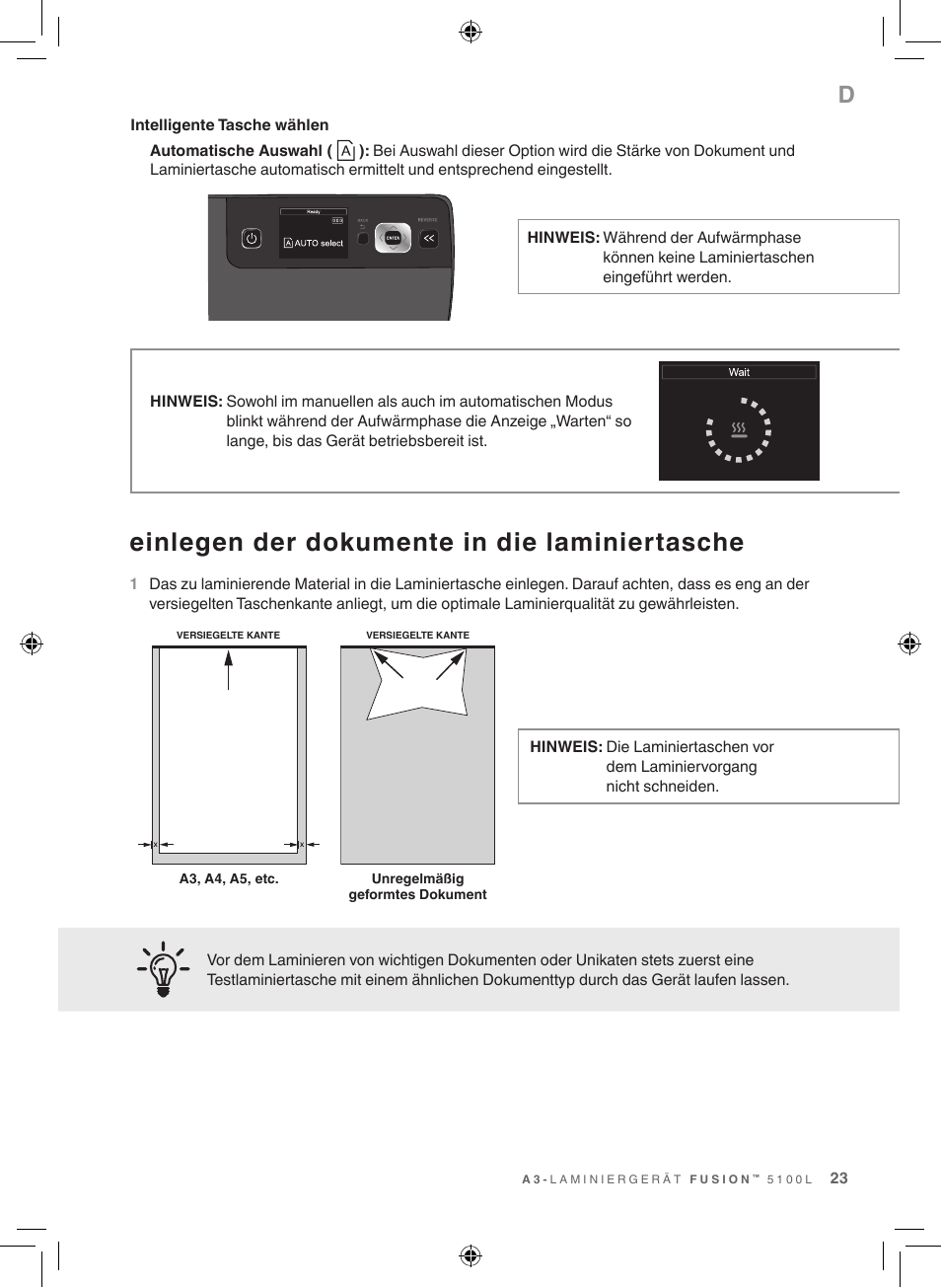 Einlegen der dokumente in die laminiertasche | GBC 5100 Fusion Laminator User Manual | Page 23 / 144