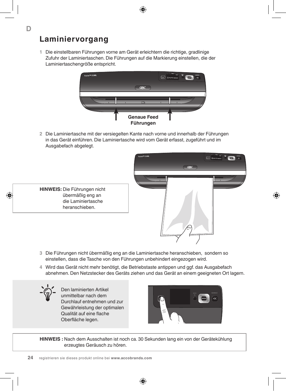 Laminiervorgang | GBC 5100 Fusion Laminator User Manual | Page 24 / 144
