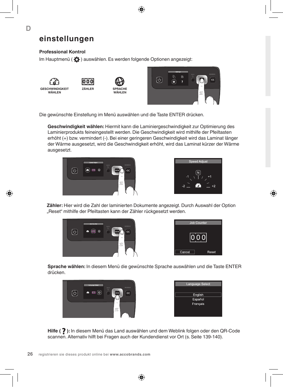Einstellungen | GBC 5100 Fusion Laminator User Manual | Page 26 / 144