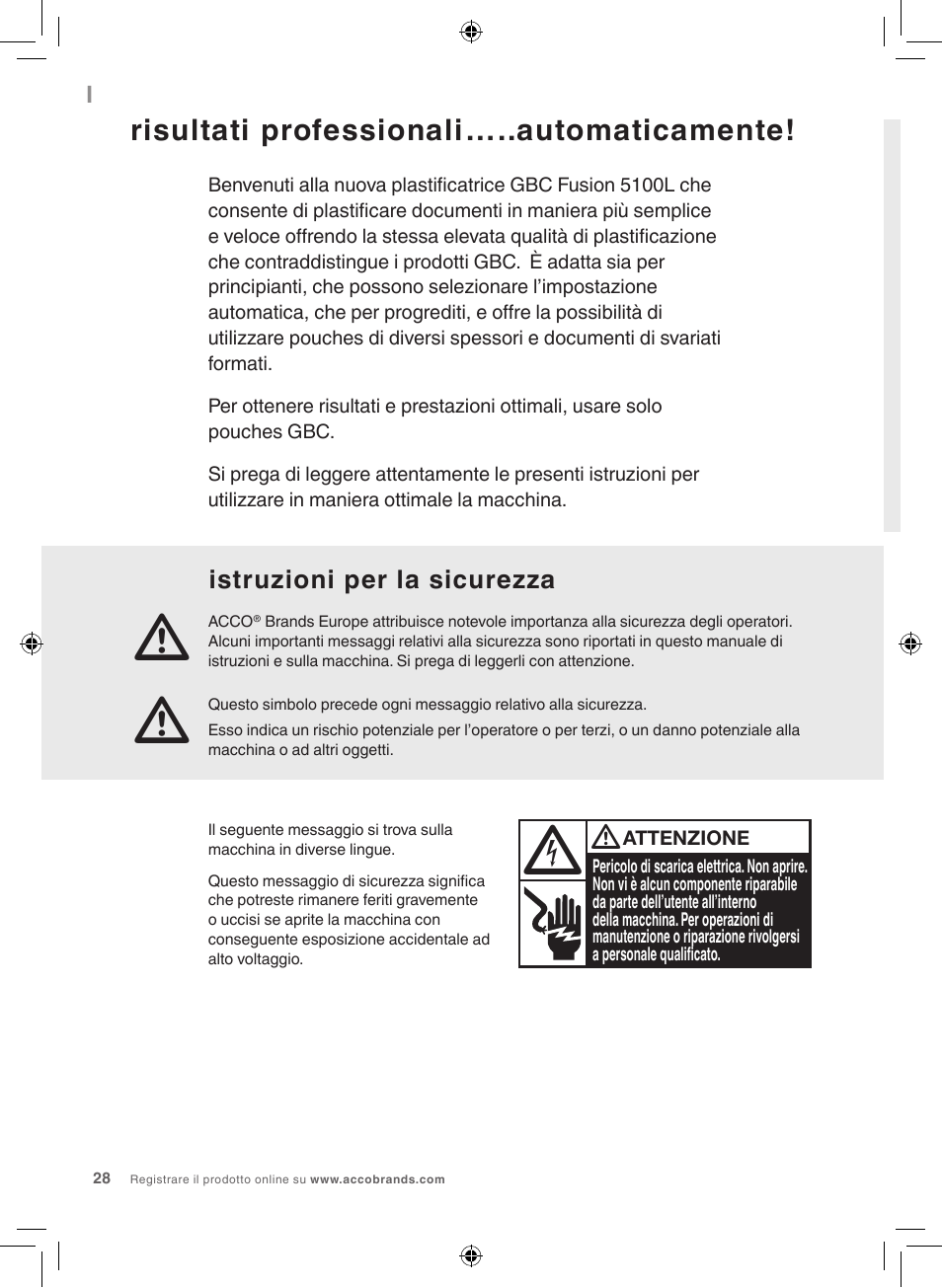 Risultati professionali…..automaticamente, Istruzioni per la sicurezza | GBC 5100 Fusion Laminator User Manual | Page 28 / 144