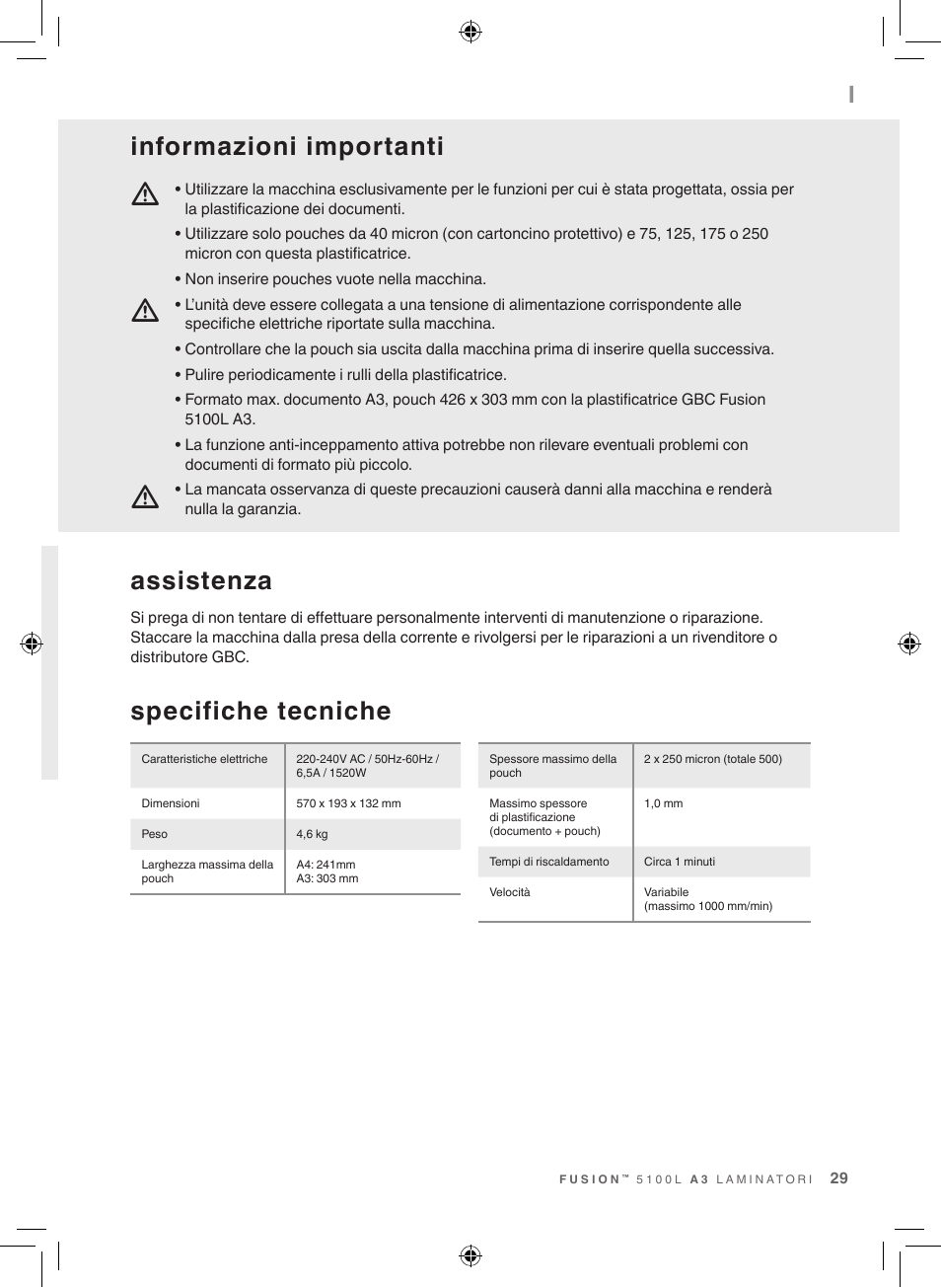 Assistenza, Informazioni importanti, Specifiche tecniche | GBC 5100 Fusion Laminator User Manual | Page 29 / 144
