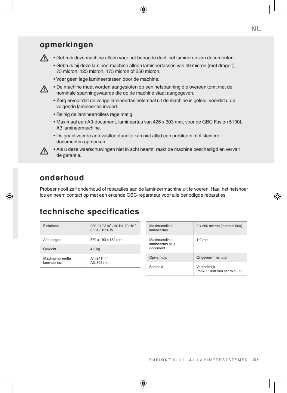 Technische specificaties, Onderhoud, Opmerkingen | GBC 5100 Fusion Laminator User Manual | Page 37 / 144