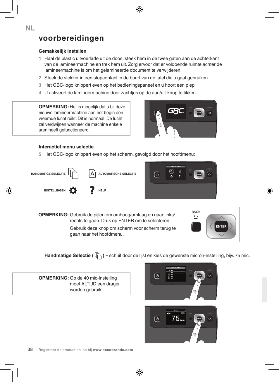 Voorbereidingen | GBC 5100 Fusion Laminator User Manual | Page 38 / 144