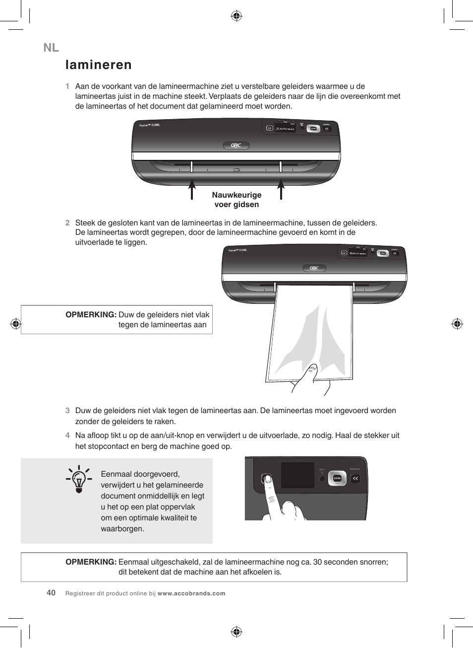 Lamineren | GBC 5100 Fusion Laminator User Manual | Page 40 / 144