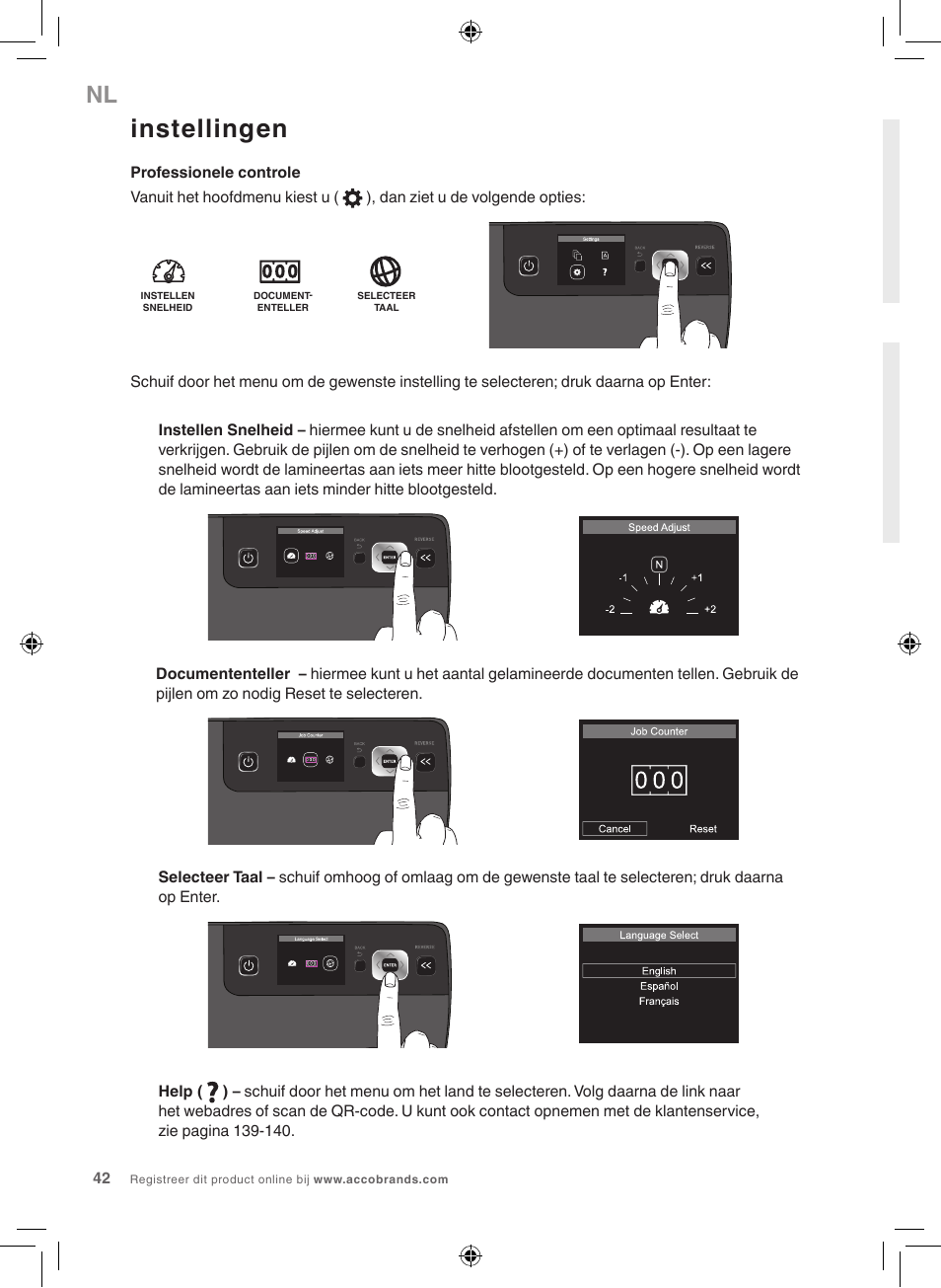 Instellingen | GBC 5100 Fusion Laminator User Manual | Page 42 / 144