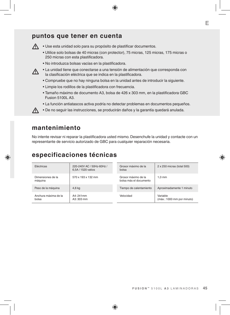 Especificaciones técnicas, Mantenimiento, Puntos que tener en cuenta | GBC 5100 Fusion Laminator User Manual | Page 45 / 144