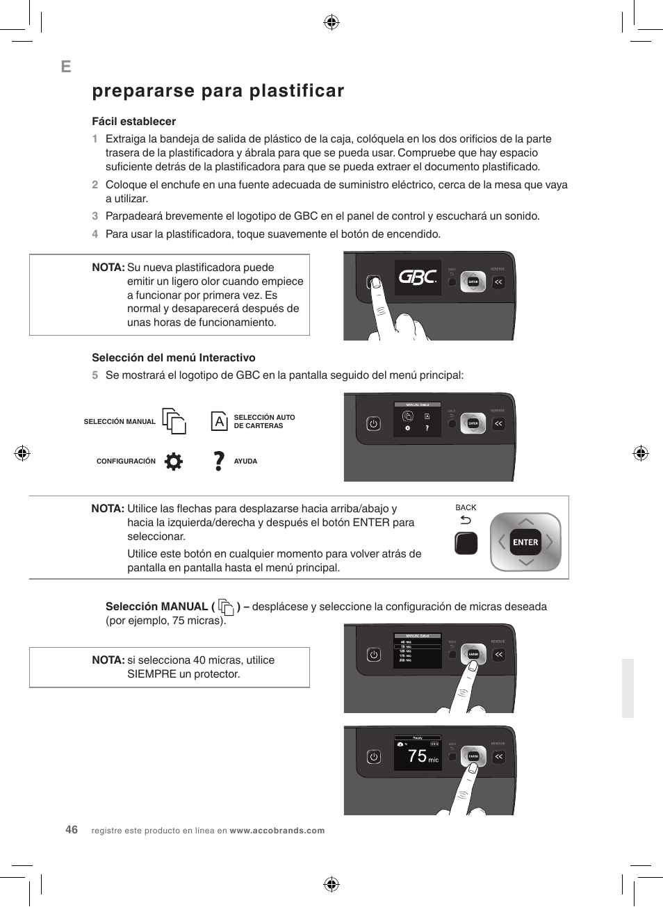 Prepararse para plastificar | GBC 5100 Fusion Laminator User Manual | Page 46 / 144