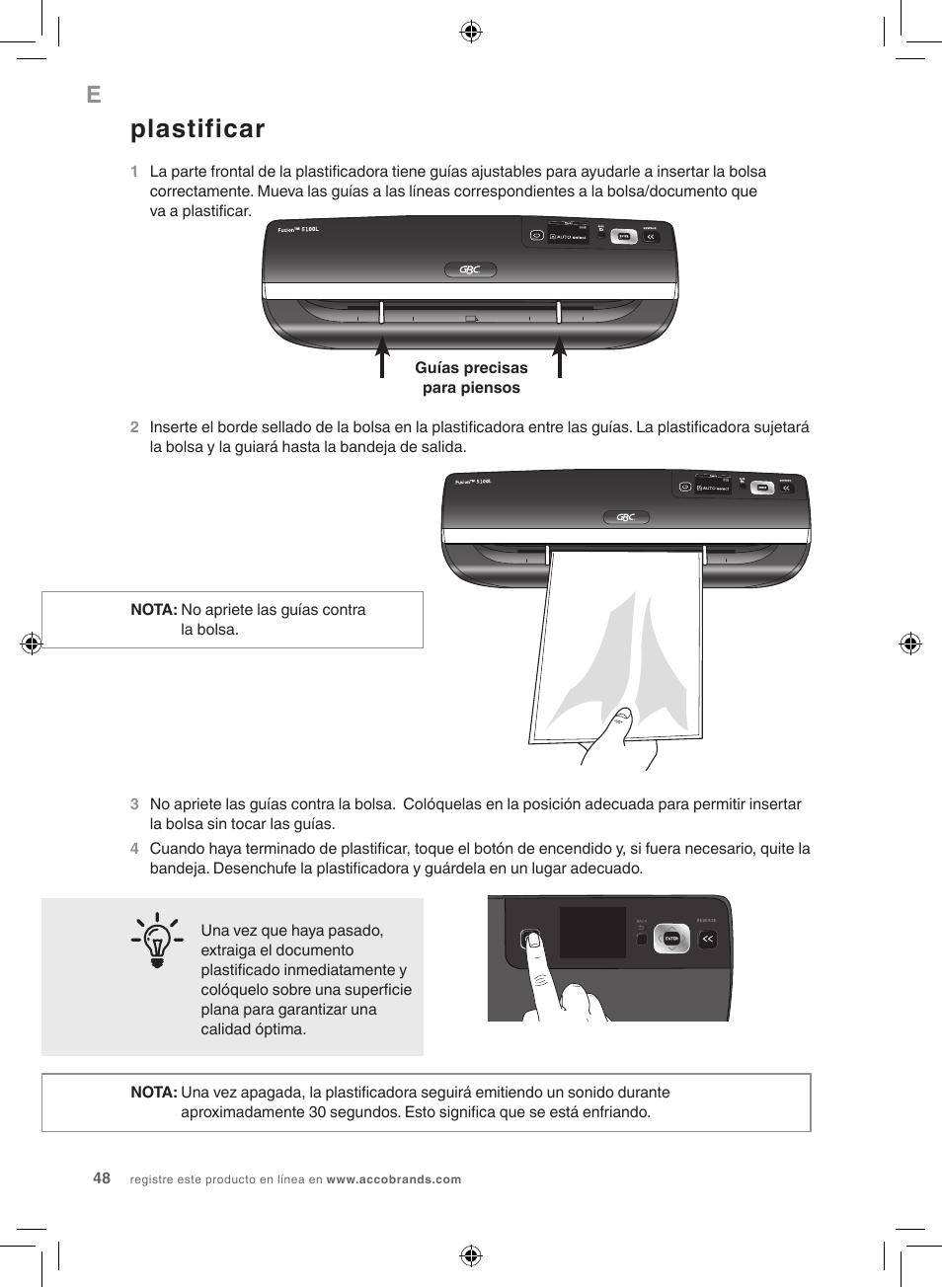 Plastificar | GBC 5100 Fusion Laminator User Manual | Page 48 / 144