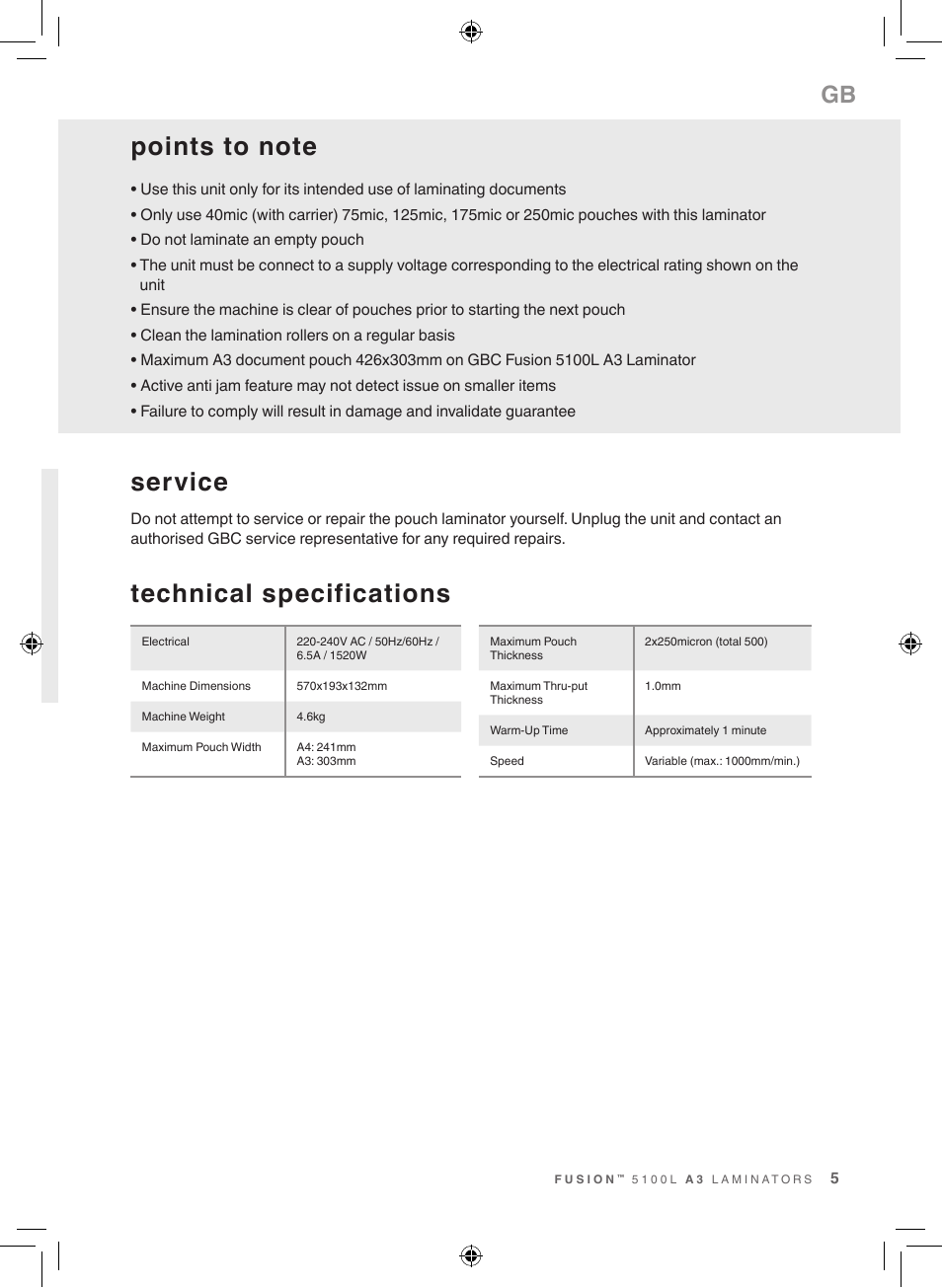 Service, Technical specifications | GBC 5100 Fusion Laminator User Manual | Page 5 / 144