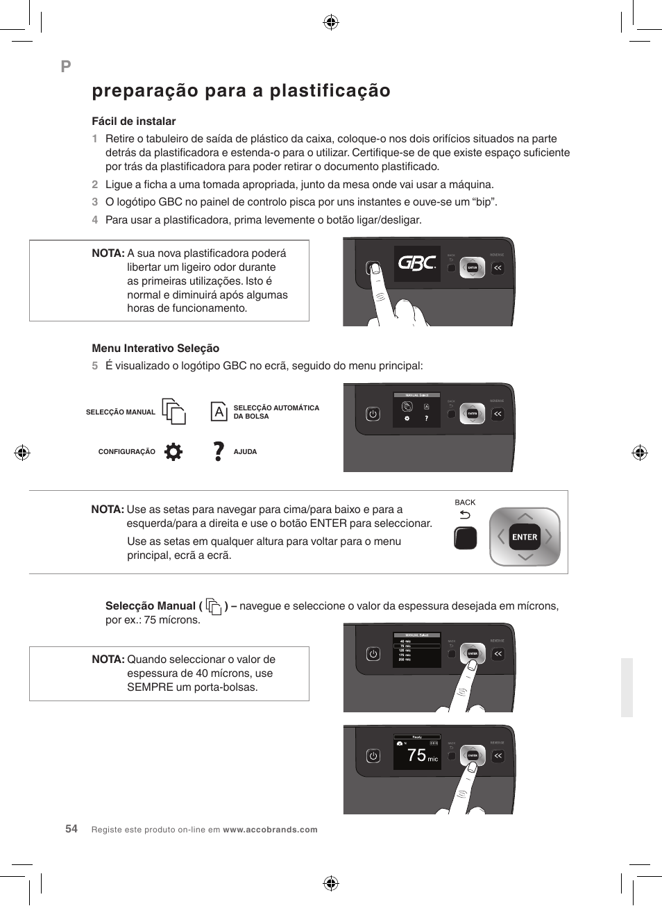 Preparação para a plastificação | GBC 5100 Fusion Laminator User Manual | Page 54 / 144