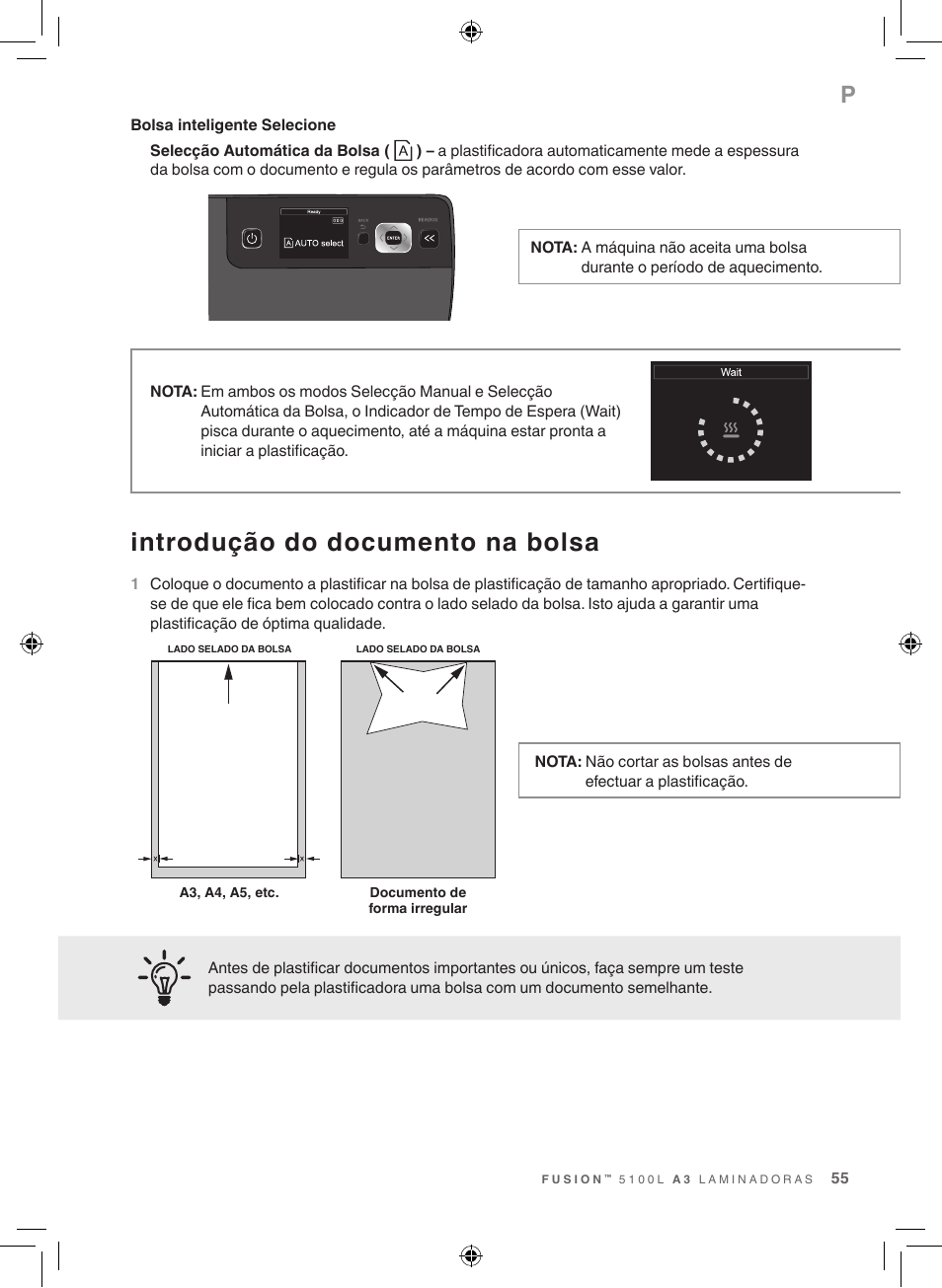 Introdução do documento na bolsa | GBC 5100 Fusion Laminator User Manual | Page 55 / 144
