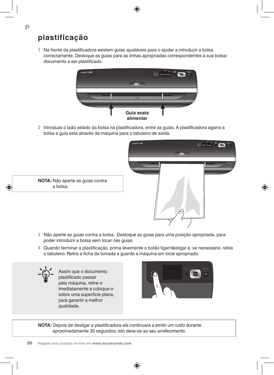 Plastificação | GBC 5100 Fusion Laminator User Manual | Page 56 / 144