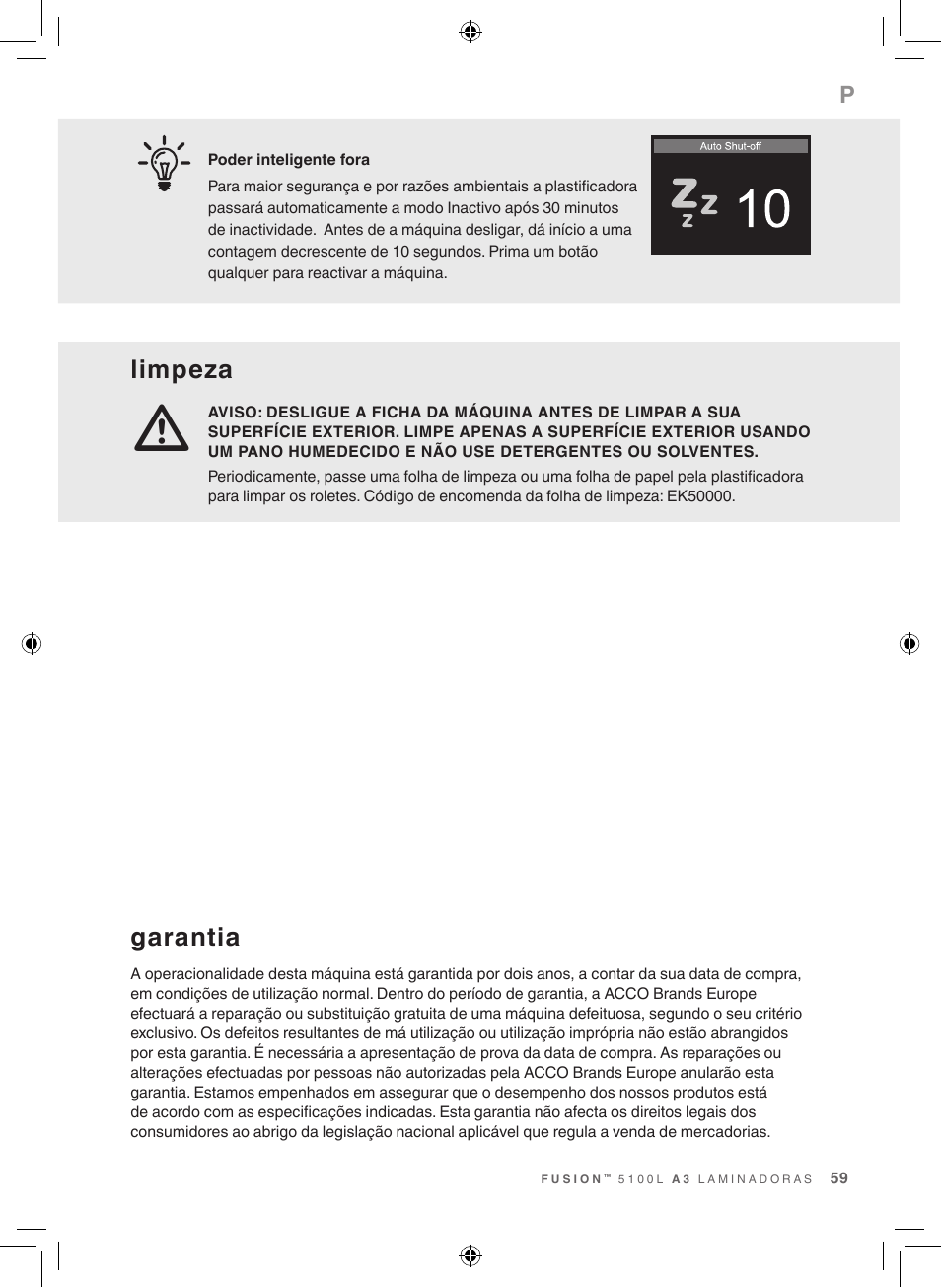 Limpeza, Garantia | GBC 5100 Fusion Laminator User Manual | Page 59 / 144