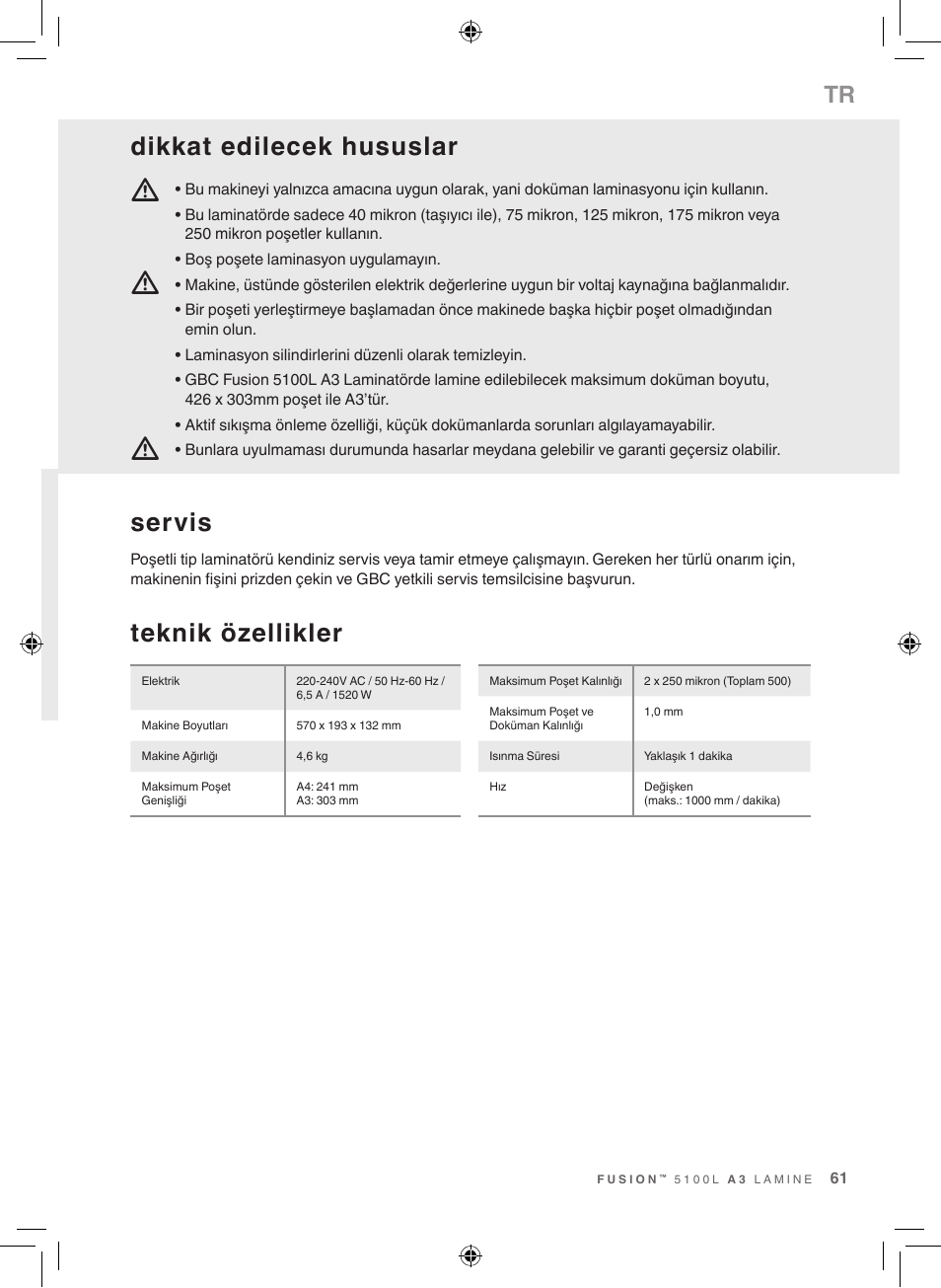 Teknik özellikler, Servis, Dikkat edilecek hususlar | GBC 5100 Fusion Laminator User Manual | Page 61 / 144