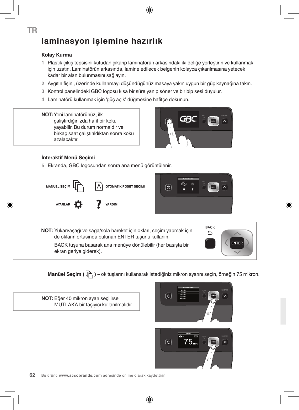 Laminasyon işlemine hazırlık | GBC 5100 Fusion Laminator User Manual | Page 62 / 144