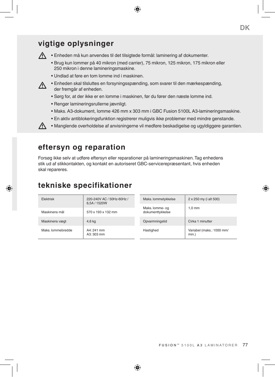 Tekniske specifikationer, Eftersyn og reparation, Vigtige oplysninger | GBC 5100 Fusion Laminator User Manual | Page 77 / 144