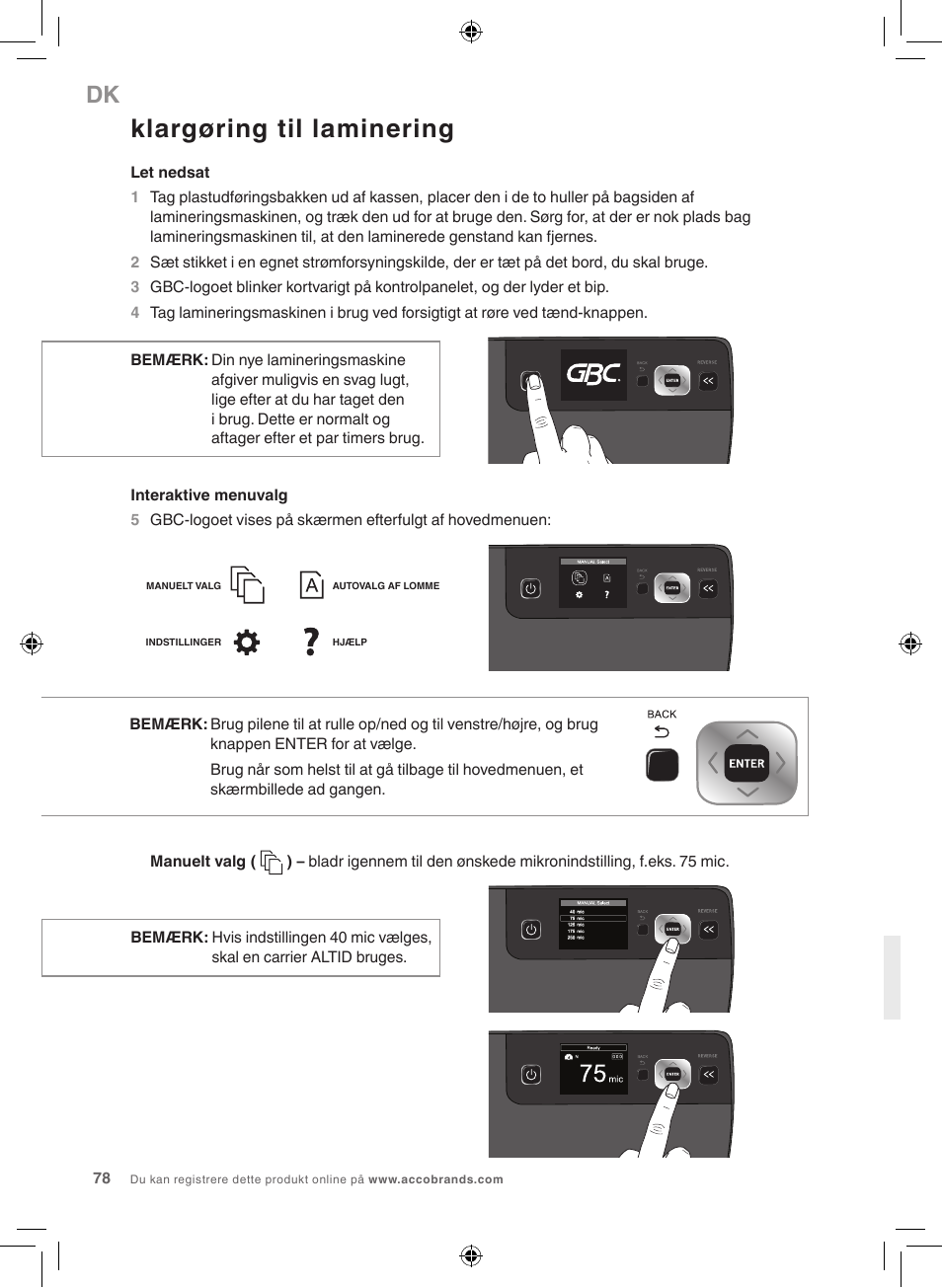 Klargøring til laminering | GBC 5100 Fusion Laminator User Manual | Page 78 / 144