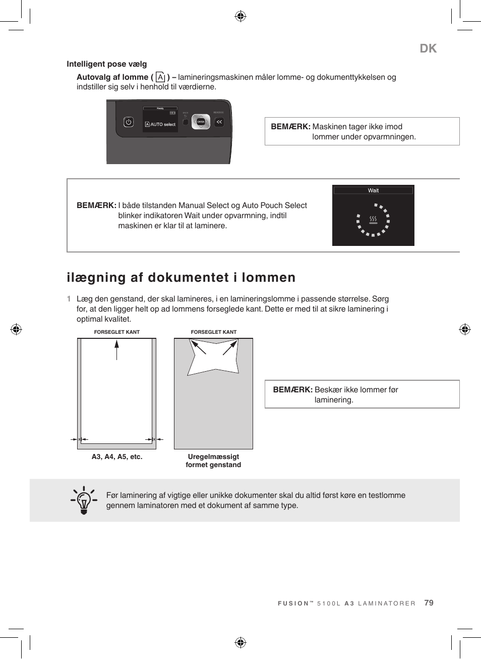 Ilægning af dokumentet i lommen | GBC 5100 Fusion Laminator User Manual | Page 79 / 144