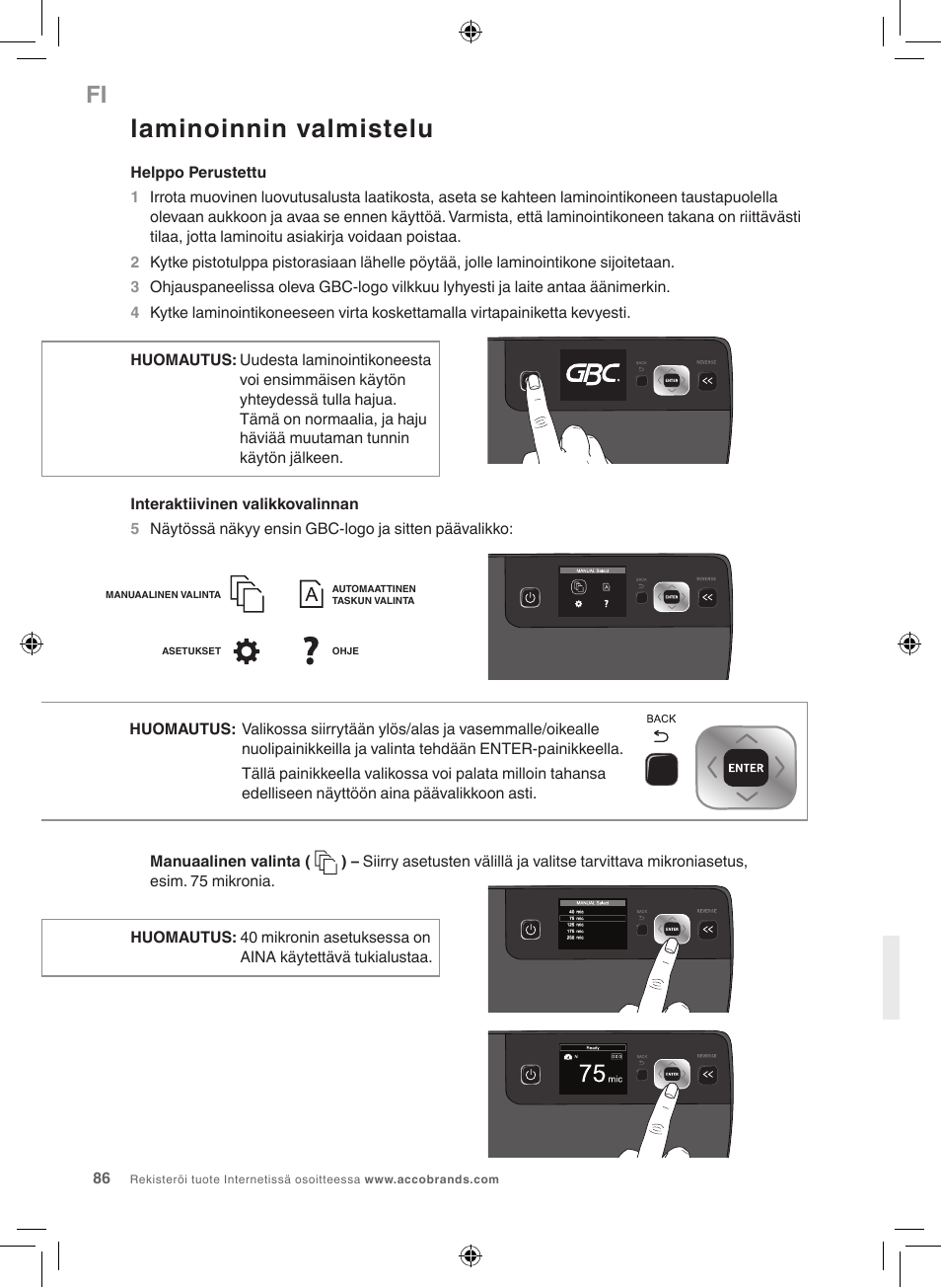 Laminoinnin valmistelu | GBC 5100 Fusion Laminator User Manual | Page 86 / 144