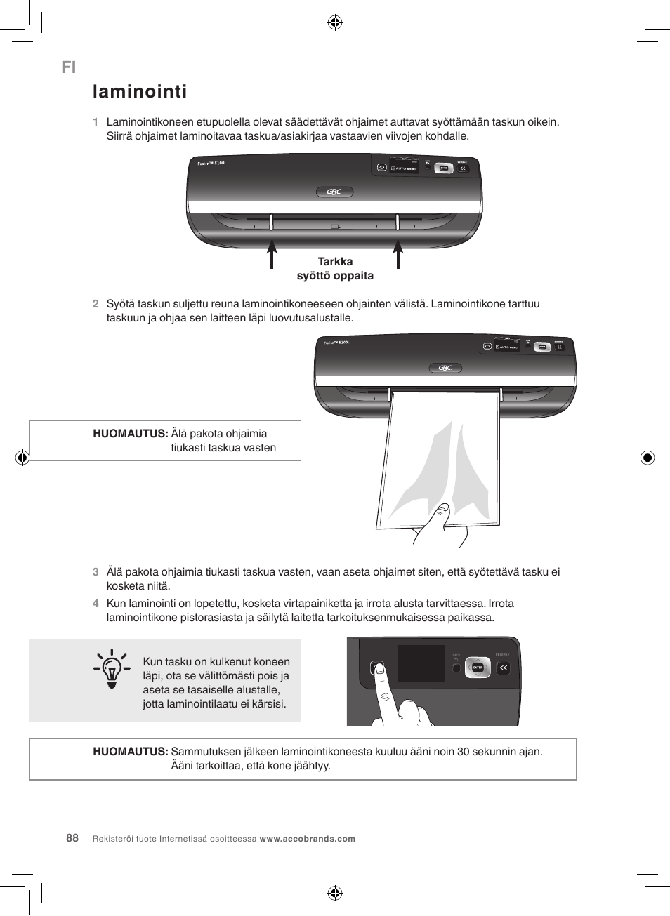 Laminointi | GBC 5100 Fusion Laminator User Manual | Page 88 / 144