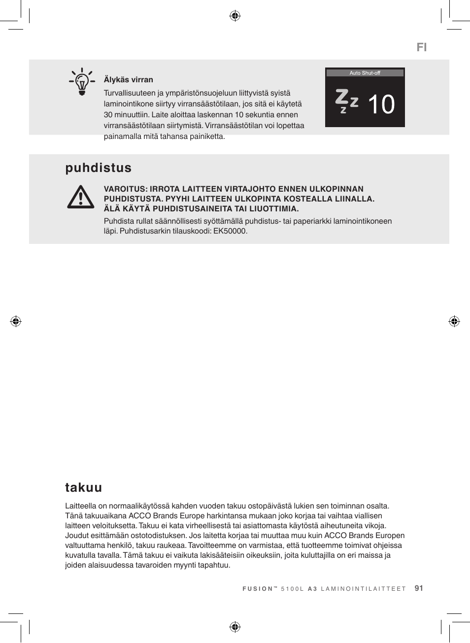 Puhdistus, Takuu | GBC 5100 Fusion Laminator User Manual | Page 91 / 144