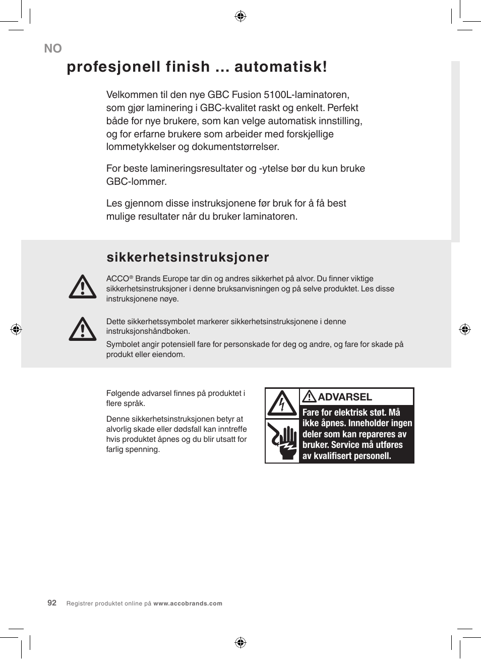 Profesjonell finish ... automatisk, Sikkerhetsinstruksjoner | GBC 5100 Fusion Laminator User Manual | Page 92 / 144