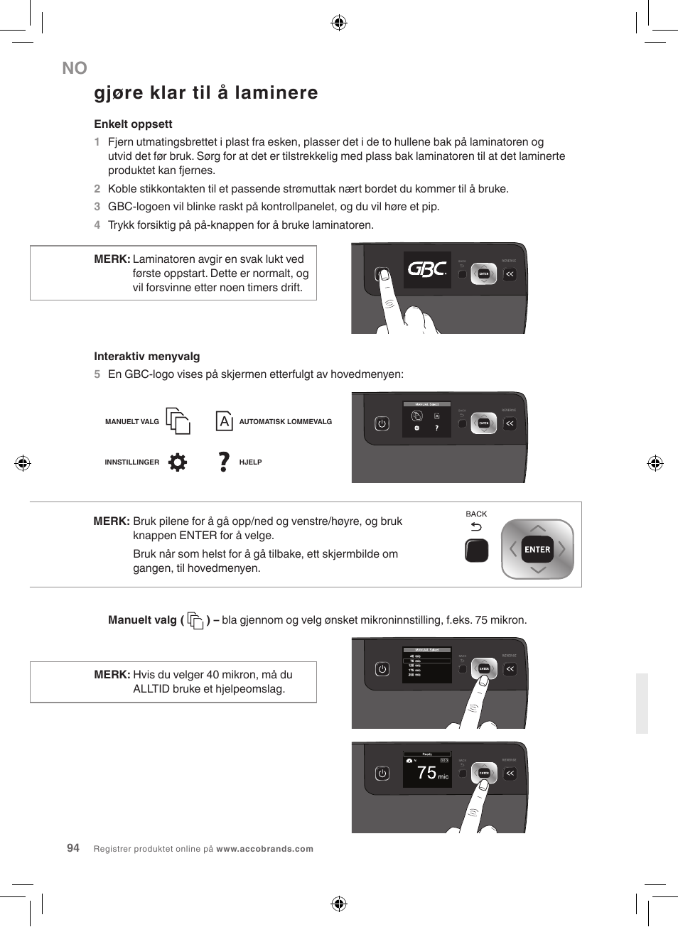 Gjøre klar til å laminere | GBC 5100 Fusion Laminator User Manual | Page 94 / 144