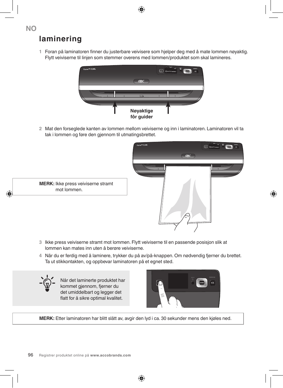 Laminering | GBC 5100 Fusion Laminator User Manual | Page 96 / 144
