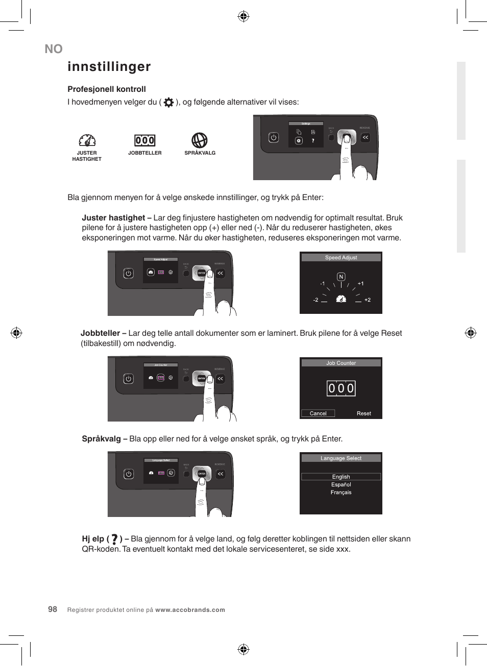 Innstillinger | GBC 5100 Fusion Laminator User Manual | Page 98 / 144