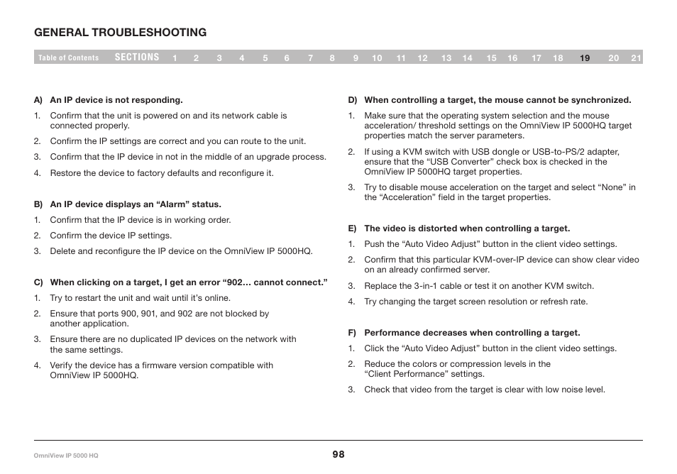 19 general troubleshooting | Belkin OmniViewIP 5000HQ User Manual | Page 102 / 109