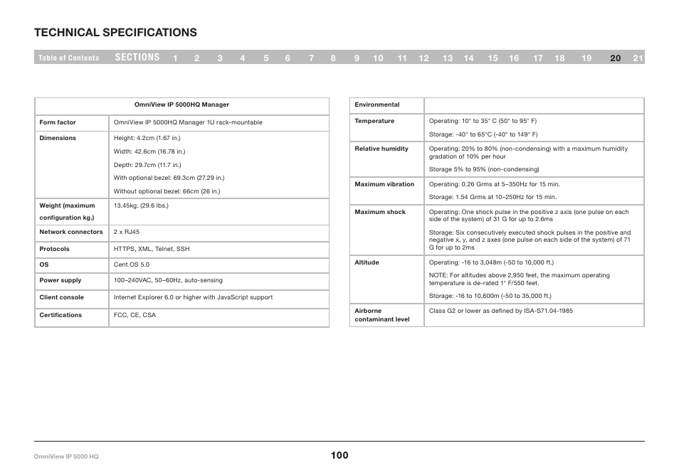 20 technical specifications, Technical specifications | Belkin OmniViewIP 5000HQ User Manual | Page 104 / 109