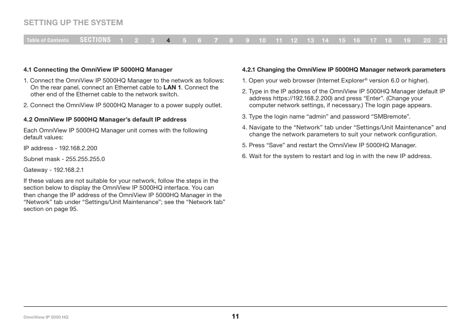 1 connecting the omniview ip 5000hq manager, 2 omniview ip 5000hq manager’s default ip address, 1 changing the omniview ip 5000hq manager | Network parameters | Belkin OmniViewIP 5000HQ User Manual | Page 15 / 109