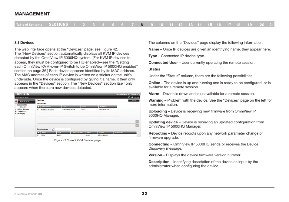 8 management, 1 devices | Belkin OmniViewIP 5000HQ User Manual | Page 36 / 109