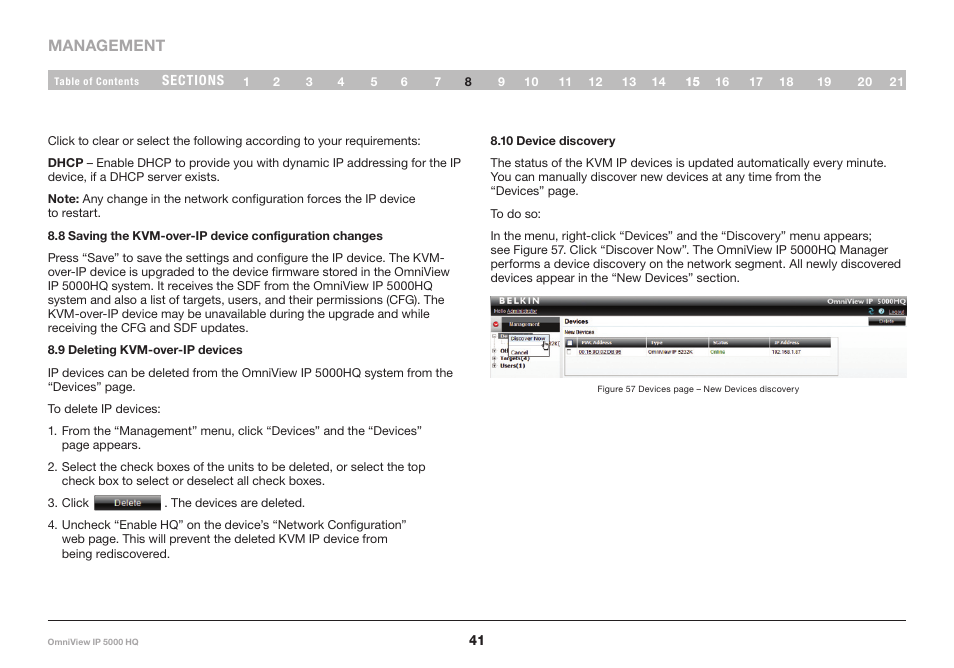 9 deleting kvm-over-ip devices, 10 device discovery | Belkin OmniViewIP 5000HQ User Manual | Page 45 / 109