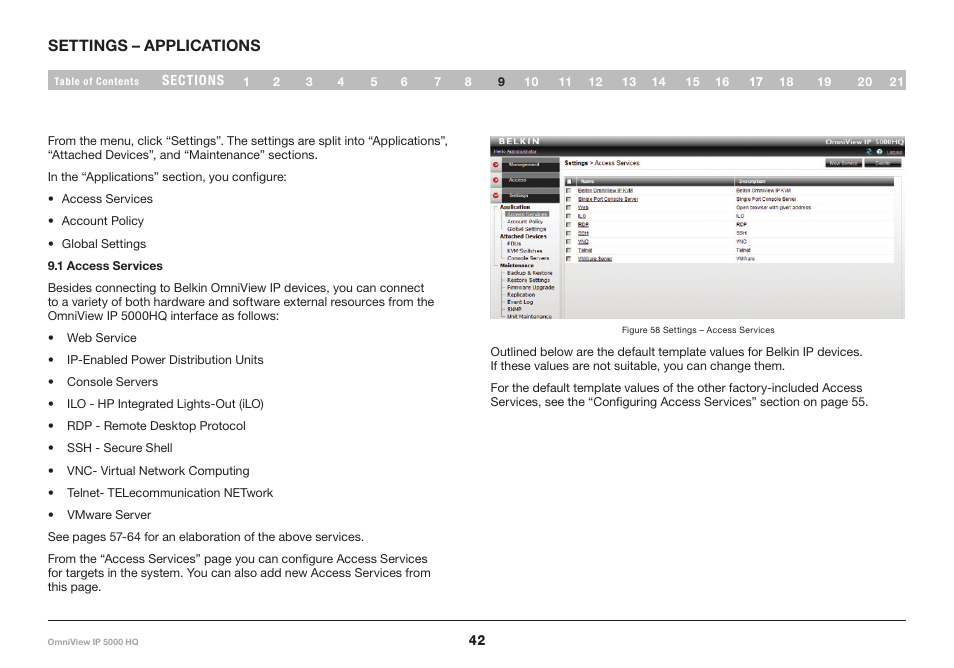 9 settings – applications, 1 access services | Belkin OmniViewIP 5000HQ User Manual | Page 46 / 109