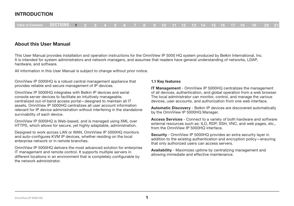 1 introduction, 1 key features | Belkin OmniViewIP 5000HQ User Manual | Page 5 / 109