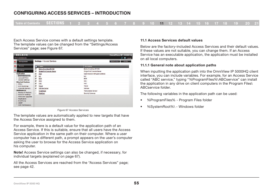 11 configuring access services – introduction, 1 access services default values, 1 general note about application paths | Belkin OmniViewIP 5000HQ User Manual | Page 59 / 109