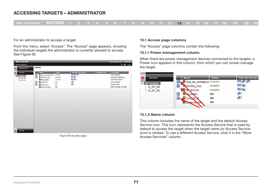 13 accessing targets – administrator, 1 power management column, 2 name column | Belkin OmniViewIP 5000HQ User Manual | Page 81 / 109