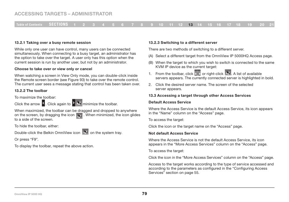 1 taking over a busy remote session, 2 the toolbar, 3 switching to a different server | 3 accessing a target through other access services | Belkin OmniViewIP 5000HQ User Manual | Page 83 / 109