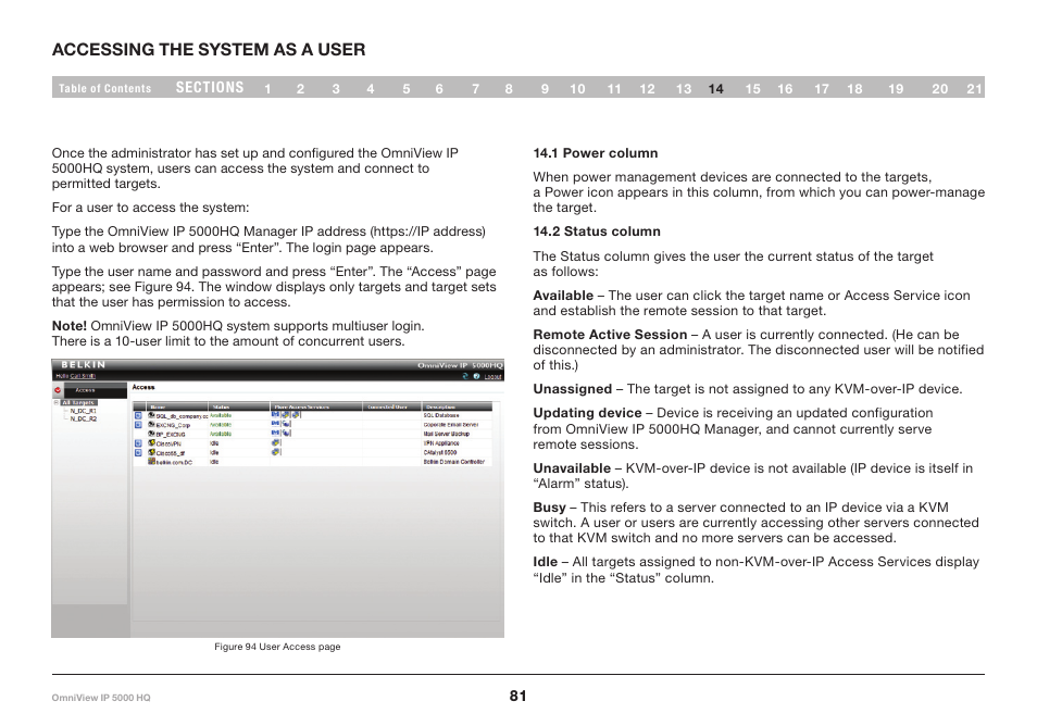 14 accessing the system as a user, 1 power column | Belkin OmniViewIP 5000HQ User Manual | Page 85 / 109