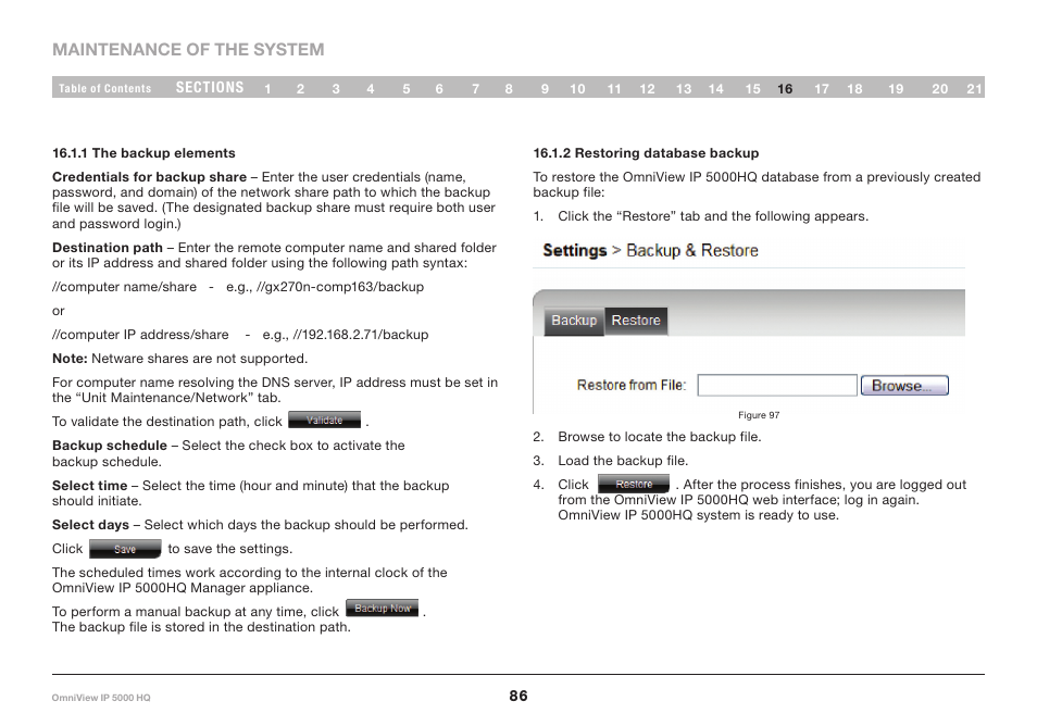 1 the backup elements, 2 restoring database backup | Belkin OmniViewIP 5000HQ User Manual | Page 90 / 109