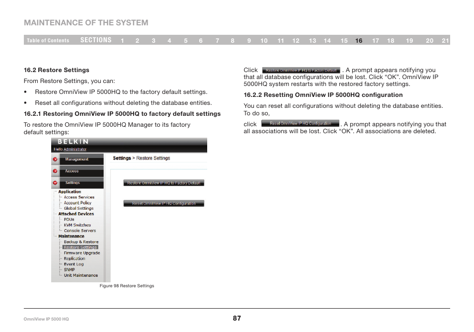 2 restore settings, 2 resetting omniview ip 5000hq configuration | Belkin OmniViewIP 5000HQ User Manual | Page 91 / 109