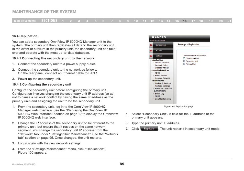 4 replication, 1 connecting the secondary unit to the network, 2 configuring the secondary unit | Belkin OmniViewIP 5000HQ User Manual | Page 93 / 109