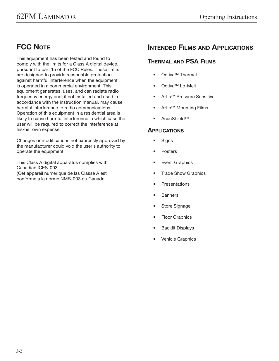 Fcc note, Intended films and applications, Thermal and psa films | Applications, 62fm l, Fcc n, Operating instructions, Aminator, Psa f | GBC 62fm User Manual | Page 10 / 40