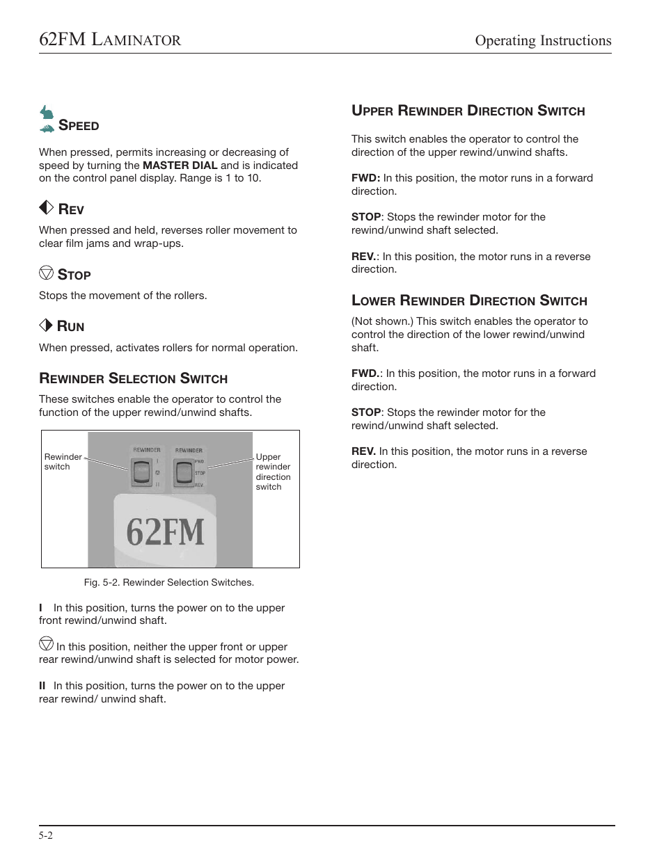 Speed, Stop, Rewinder selection switch | Upper rewinder direction switch, Lower rewinder direction switch, 62fm l, Operating instructions, Aminator s | GBC 62fm User Manual | Page 14 / 40