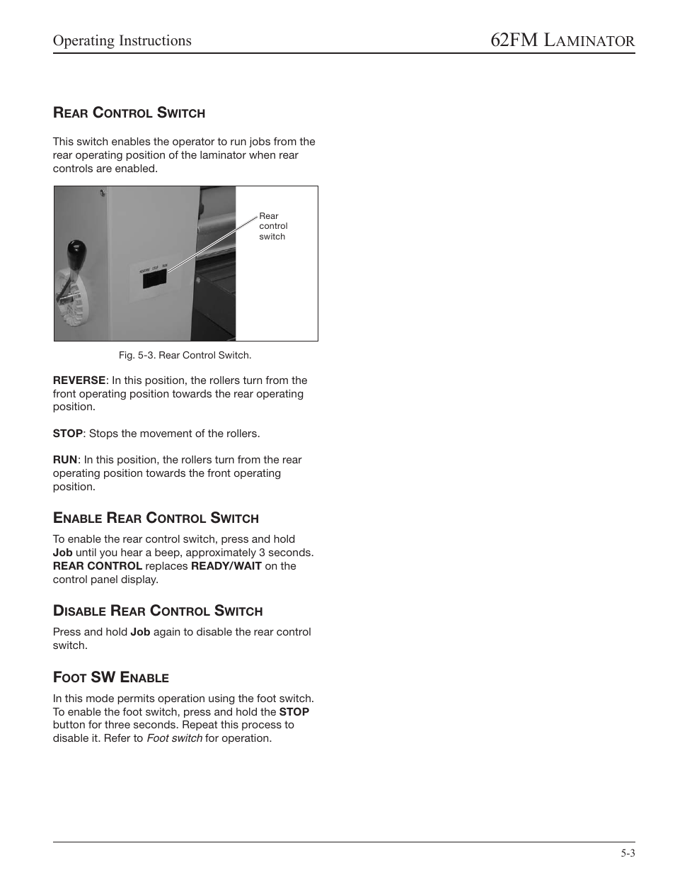 Rear control switch, Enable rear control switch, Disable rear control switch | Foot sw enable, 62fm l, Operating instructions, Aminator r, Sw e | GBC 62fm User Manual | Page 15 / 40