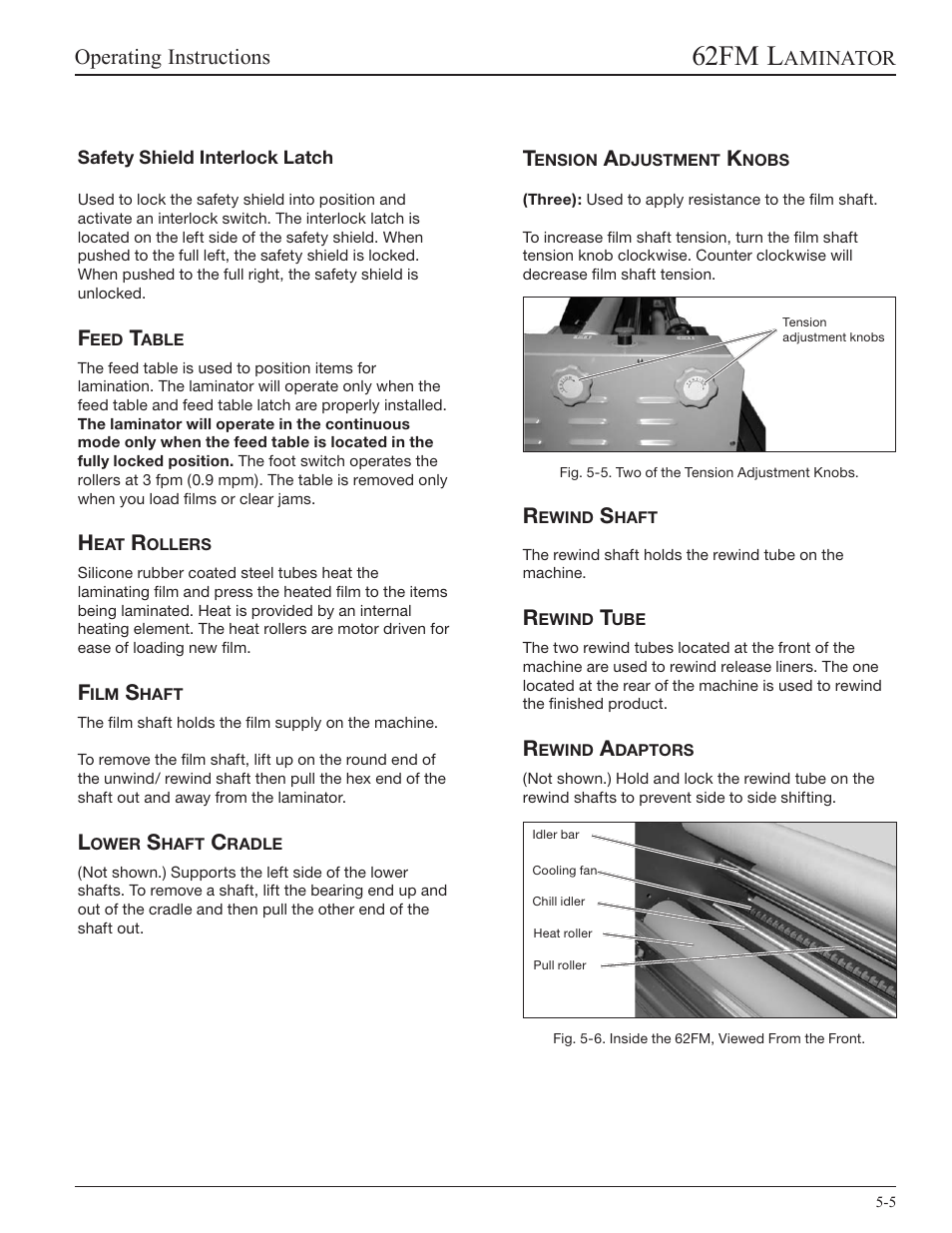 Safety shield interlock latch, Feed table, Heat rollers | Film shaft, Lower shaft cradle, Tension adjustment knobs, Rewind shaft, Rewind tube, Rewind adaptors, 62fm l | GBC 62fm User Manual | Page 17 / 40
