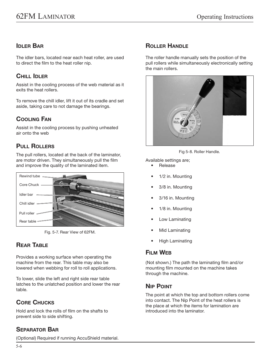 Idler bar, Chill idler, Cooling fan | Pull rollers, Rear table, Core chucks, Separator bar, Roller handle, Film web, Nip point | GBC 62fm User Manual | Page 18 / 40