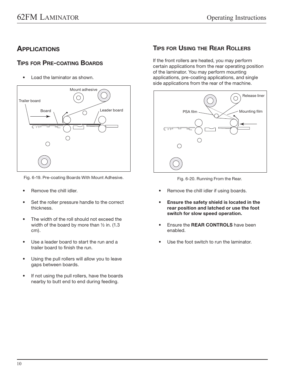 Applications, Tips for pre-coating boards, Tips for using the rear rollers | 62fm l, Operating instructions, Aminator | GBC 62fm User Manual | Page 30 / 40