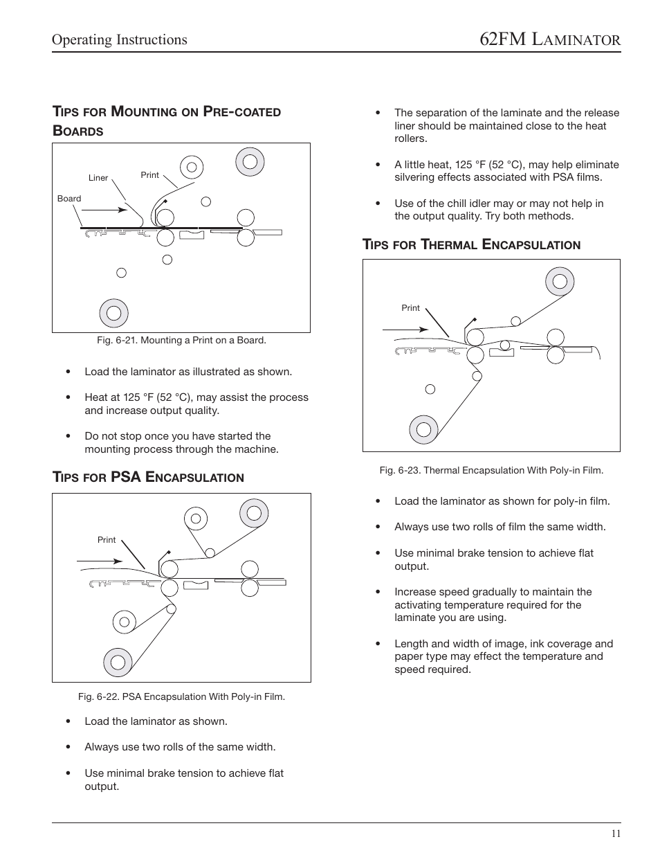 Tips for mounting on pre-coated boards, Tips for psa encapsulation, Tips for thermal encapsulation | 62fm l, Operating instructions, Aminator t, Psa e | GBC 62fm User Manual | Page 31 / 40